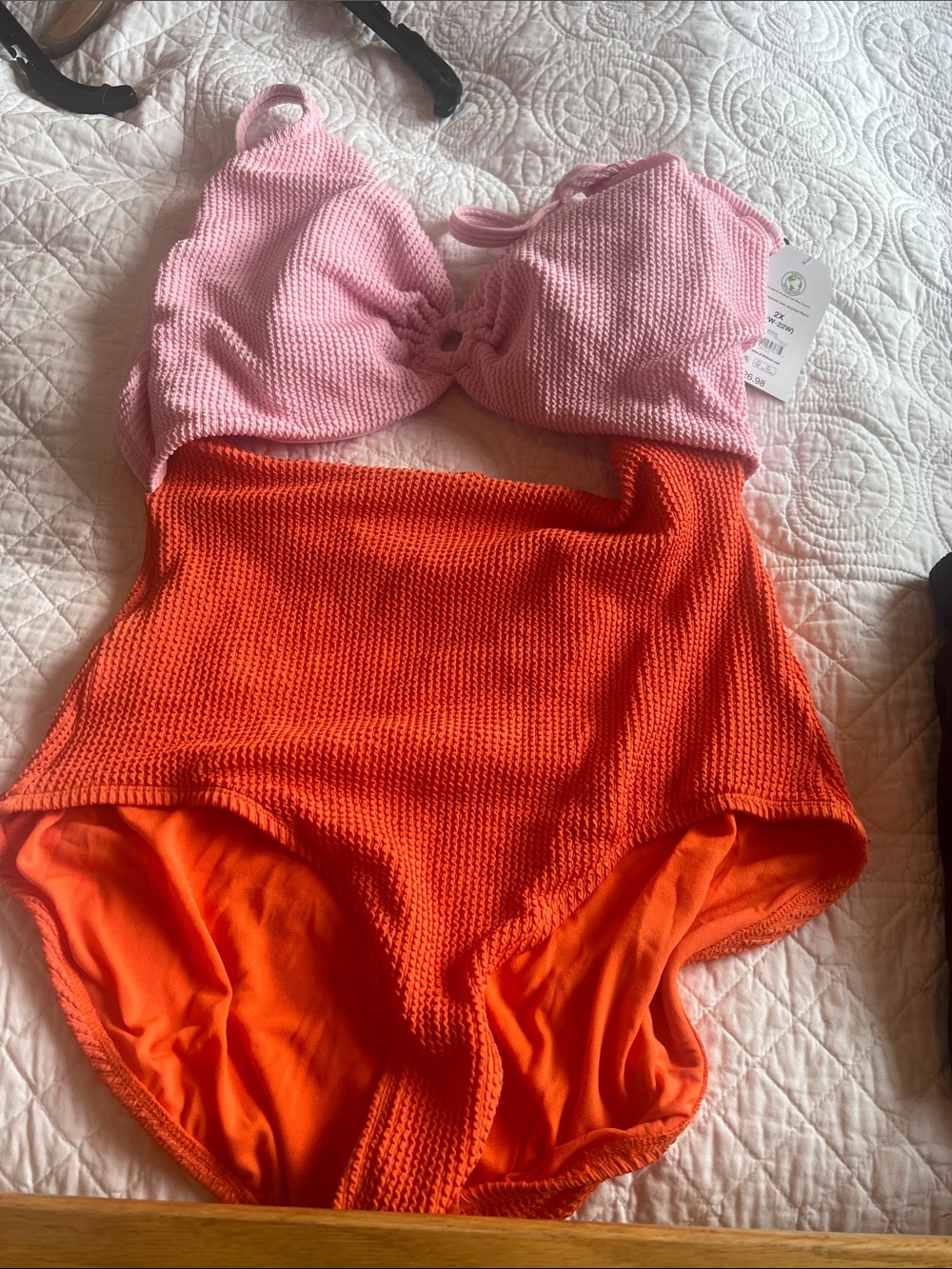 Time and Tru Two-Tone Pink and Orange Textured One-Piece Swimsuit